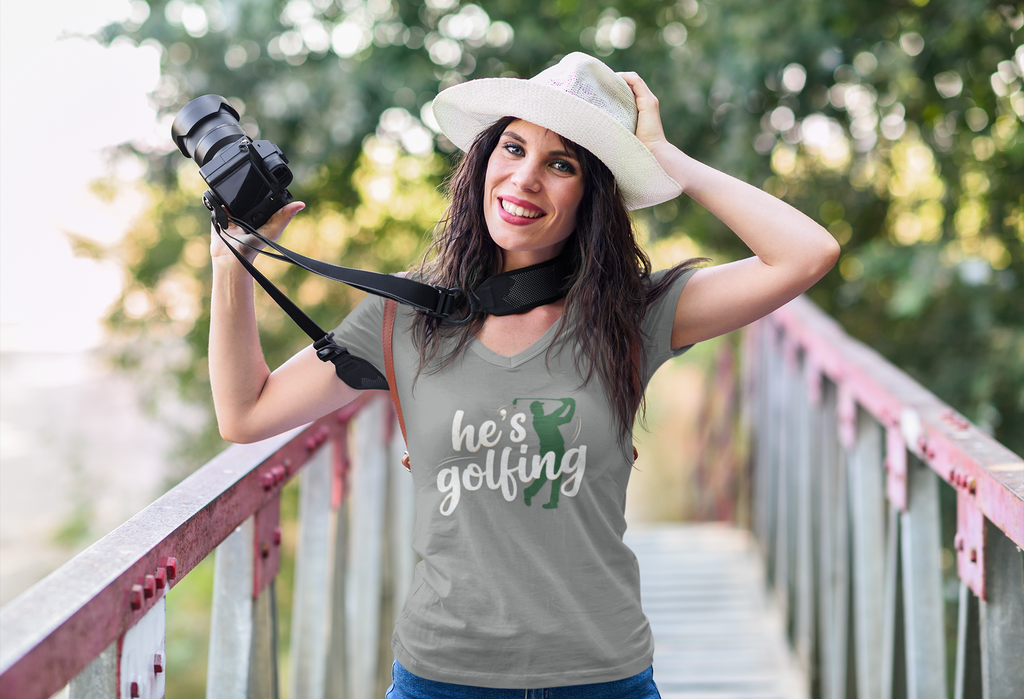 Funny Golf V-Neck Tee — "My Husband Plays Golf Too Much"